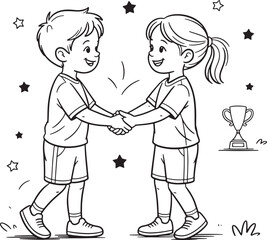 Line Art Illustration of Boy and Girl Shaking Hands After a Game with Trophy