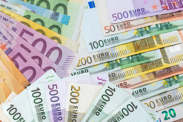 Flat lay of euros banknotes, lot of EU money.