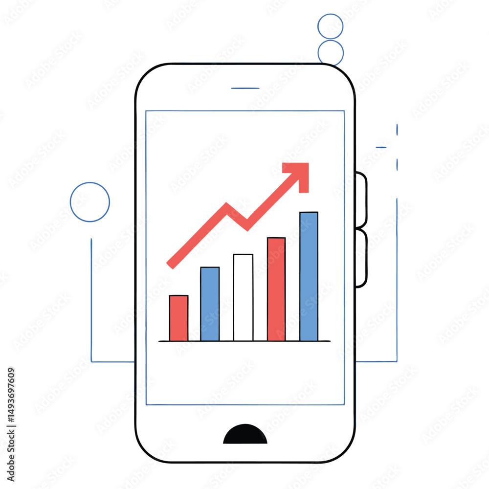 Poster smartphone displaying growth chart with upward arrow and rising financial performance