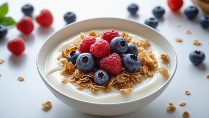 Wholesome breakfast: Bowl of yogurt accompanied by granola and berries