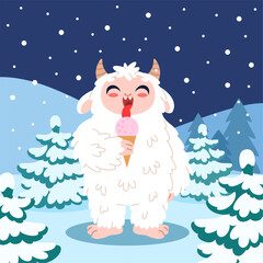 Cute yeti eating ice cream. Fluffy bigfoot in winter forest, snowy landscape, sasquatch character, funny fantastic creation, cartoon flat style isolated childish classy vector concept