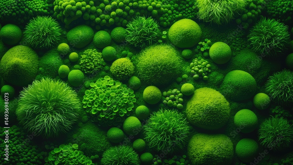 Poster close-up view from above of green moss for background texture.