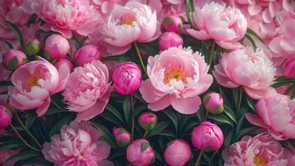 Pastel floral card featuring blooming delicate peonies, summer festive backdrop, soft and toned, selective focus