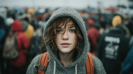 Teenage Girl in Hoodie and Backpack Walking Through a Crowded Street on a Rainy Day
