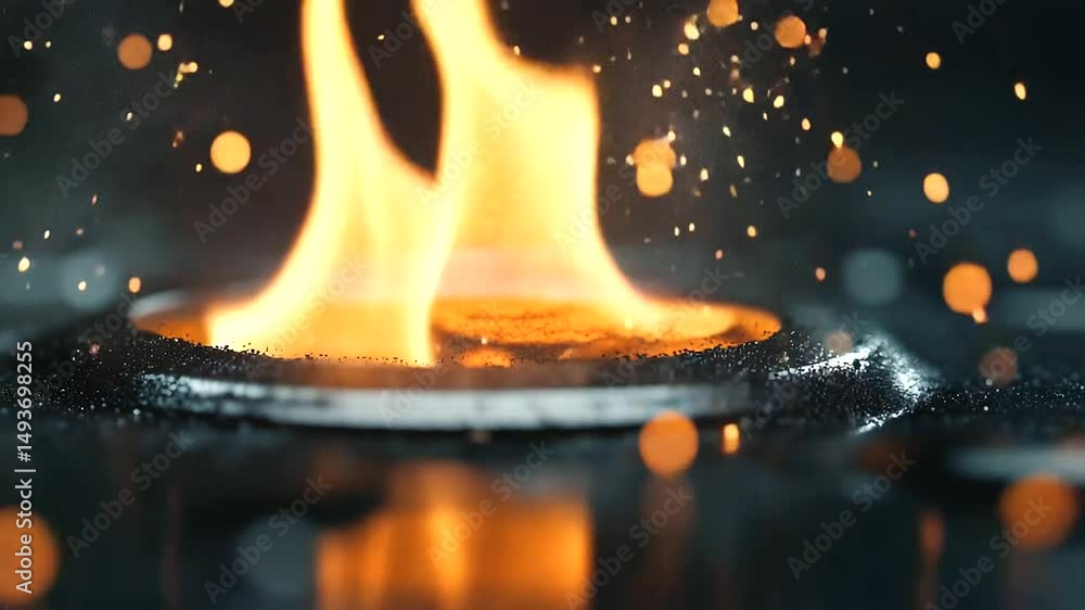 Poster macro focus on the heart of a gas flame as it curls around the metal burner head, tiny flickers and 