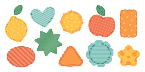 Cloth stitched decorative patches. Different shapes textile pieces, wearing repairs, patching holes, various seams, repair and decoration of children clothes, garish vector set