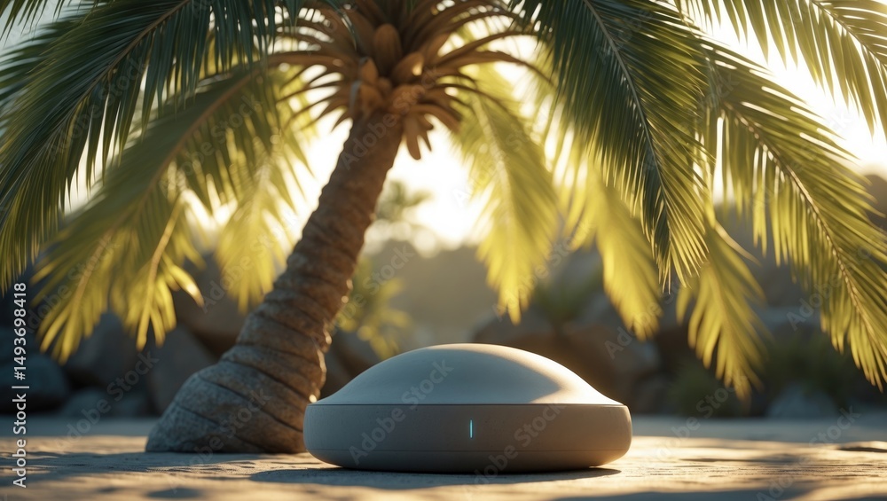 Poster lifelike recreation notion below a palm tree