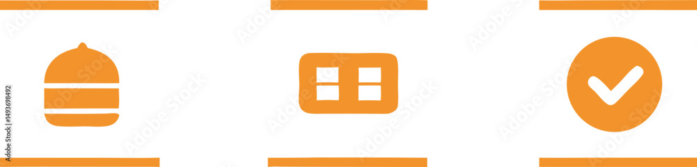 Poster three icon set representing food building and approval with orange elements on transparent backgroun