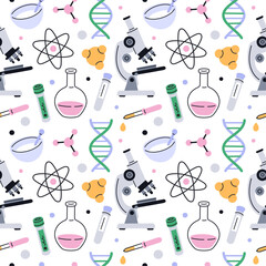 Chemistry tools seamless pattern. Scientific laboratory equipment, repeated test tubes, flasks and microscopes. Textile, wrapping paper, wallpaper. Print for fabric garish vector background