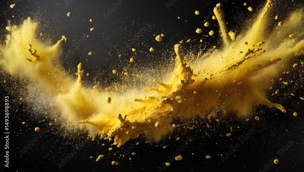 Poster black abstract backdrop with splatters of yellow powder, showcasing the freeze motion of exploding c