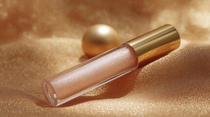 Close-up of a lip gloss bottle with a gold cap. the bottle is lying on a golden glittery surface, with a single pearl in the background.