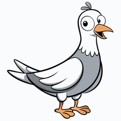 Cheerful cartoon pigeon with a light gray body stands upright, seemingly speaking