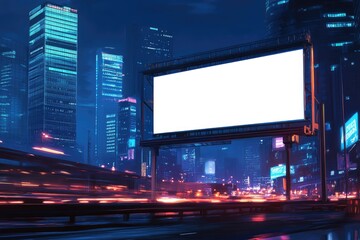 Empty billboard at night in a futuristic city