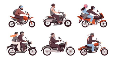 Bikers on motorcycles. Happy people riding motors, male and female drivers characters, rockers on motorbikes, city vehicles, classic vehicle for road racing cartoon flat tidy vector set