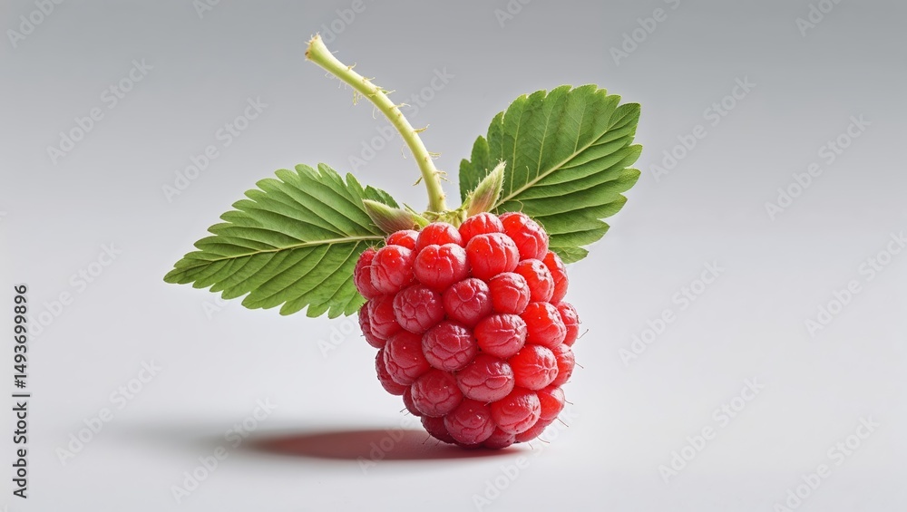 Poster fresh raspberry with vibrant green leaves resting on a smooth surface in natural light