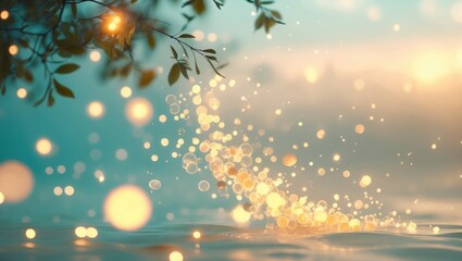 Obscured sky scenery with shimmering sun rays and bokeh amidst foliage