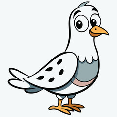 Cute cartoon pigeon stands cheerfully with big eyes, featuring white and grey plumage