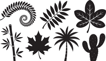 Black Silhouettes of Various Leaves and Plants on a White Background Scene