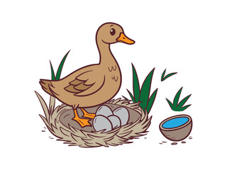 Duck with Nest and Eggs in Nature, Wildlife Illustration