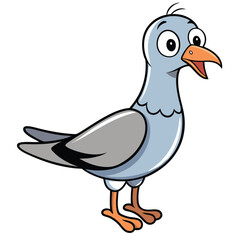 Happy cartoon pigeon bird stands smiling with orange beak and feet cheerfully