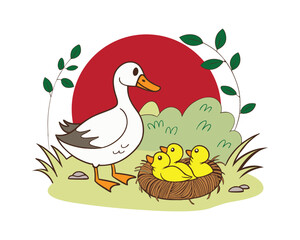 Duck with Nest and Eggs in Nature, Wildlife Illustration