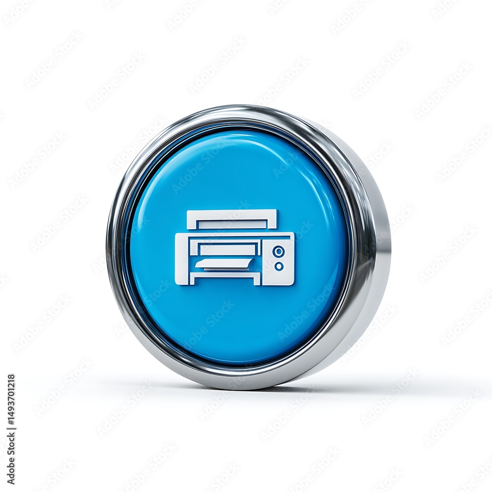 Poster blue round icon with white printer symbol and metallic border for interface design, computer button.