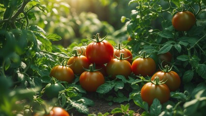 Ripened tomatoes on verdant branch. Home-raised tomato produce growing on vine within greenhouse. Seasonal vegetable collection on organic farm.