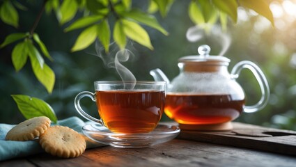 Fototapeta premium Black tea in a glass positioned under a leafy tree, summer drink with a glass kettle on a wooden table and tea cloth, available copy space
