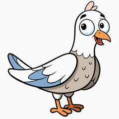 Cheerful cartoon pigeon smiles brightly while standing, showcasing its white and gray plumage beautifully