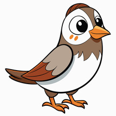 The cute cartoon sparrow, with white chest and brown head, stands cheerfully