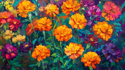 Vibrant floral display of marigold blossoms in a colorful garden.