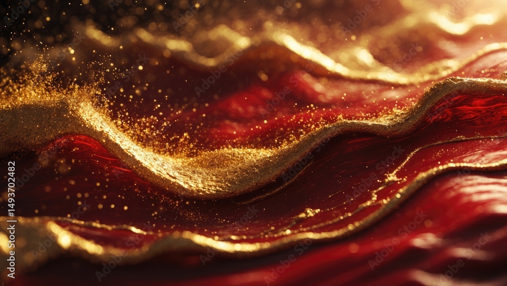 Poster stunning gold particles within fluid. dazzling glittering dust particles splatter and overflow. abst