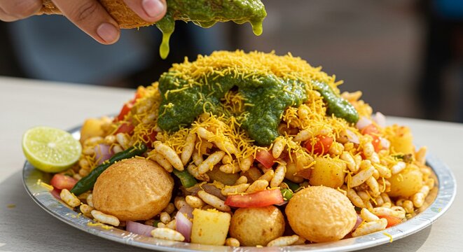 Crispy bhel puri with chutney, crunchy and tangy 