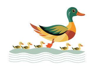 Cute Illustration of a Mother Duck Leading Her Ducklings