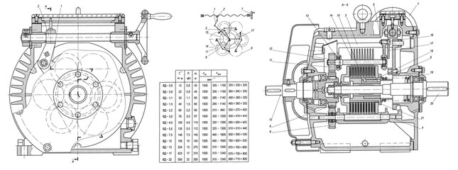 Obraz premium Engineering mechanical drawing of steel devices - worm gear (reducer, gearbox, engine) with dimension lines. Industrial cad scheme on paper sheet. Technology background of machine building industry.