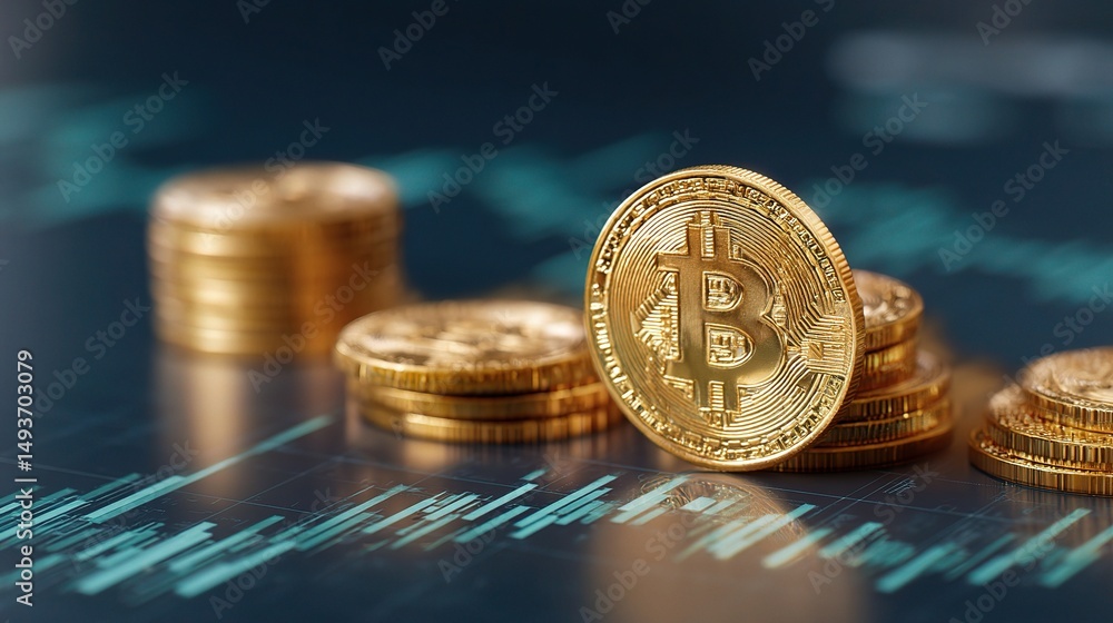 Poster stacked gold coins with cryptocurrency data chart in background