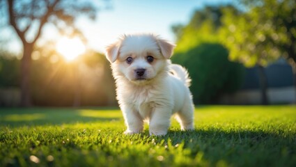 In the afternoon, a white puppy is photographed in the yard outdoors