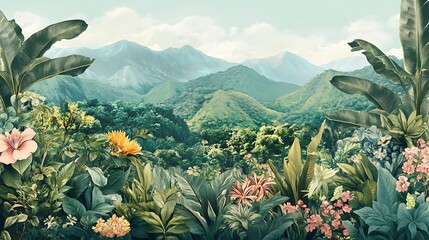 Lush tropical mountain valley landscape framed by vibrant foliage.
