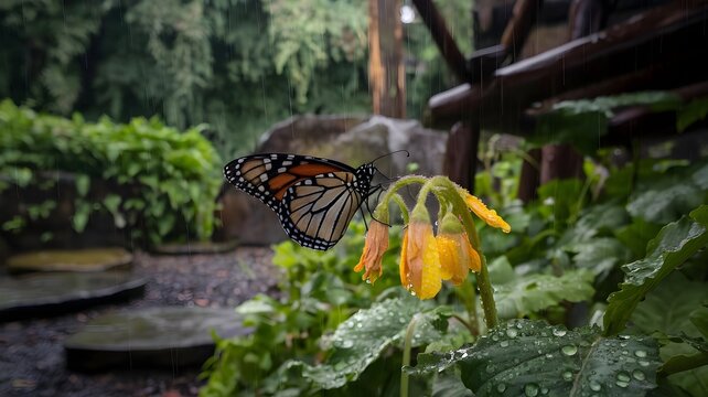 A close-up shot of a monarch butterfly resting on a bright yellow flower, capturing the beauty of nature. A gentle, wet environment surrounds the scene. - Powered by Adobe