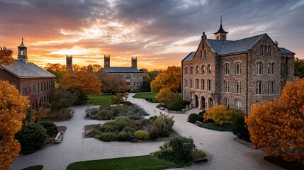 Autumnal college campus at dusk