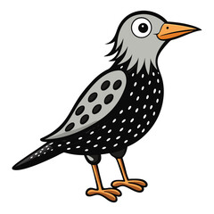 Cartoon bird with gray head, black body, orange beak, and feet stands