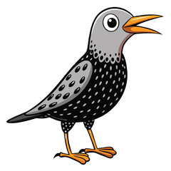 Spotted cartoon bird with an open beak and orange legs stands looking forward
