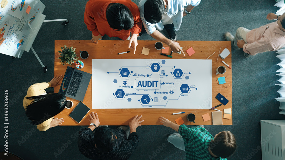 Aufkleber collaborative team meeting focused on business audit strategies with visual elements for optimal pla