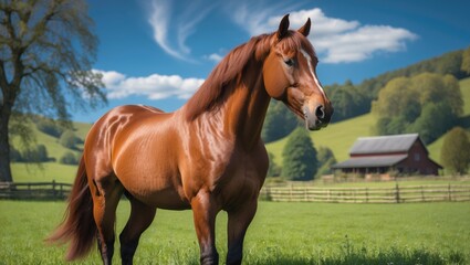 Fototapeta premium Countryside farm featuring a brown horse