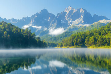 A serene lake reflects jagged mountain peaks through misty air amidst lush green forests, under a clear, bright sky