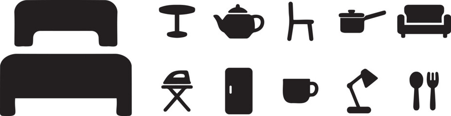 Household furniture and kitchen icon set – home appliances and decor symbols