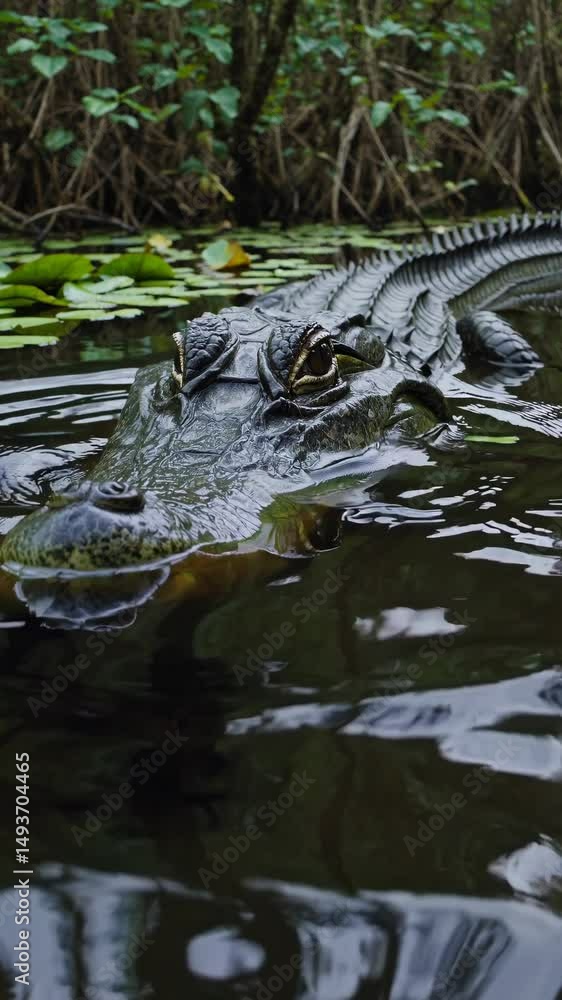 Poster a low-angle shot of an alligator partially submerged in water with lily pads, creating a suspenseful