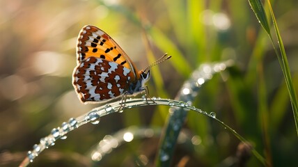 Obraz premium A vibrant butterfly perched gracefully on a blade of grass adorned with glistening droplets of water. The butterfly's wings showcase intricate patterns and colors.