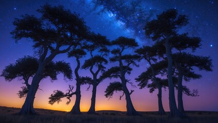 View of trees against a radiant night sky