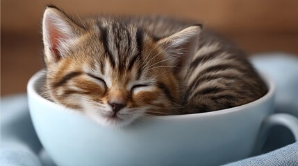 Small Striped Kitten Curled Up and Sleeping Inside a Blue Teacup on a Cozy Fabric Background